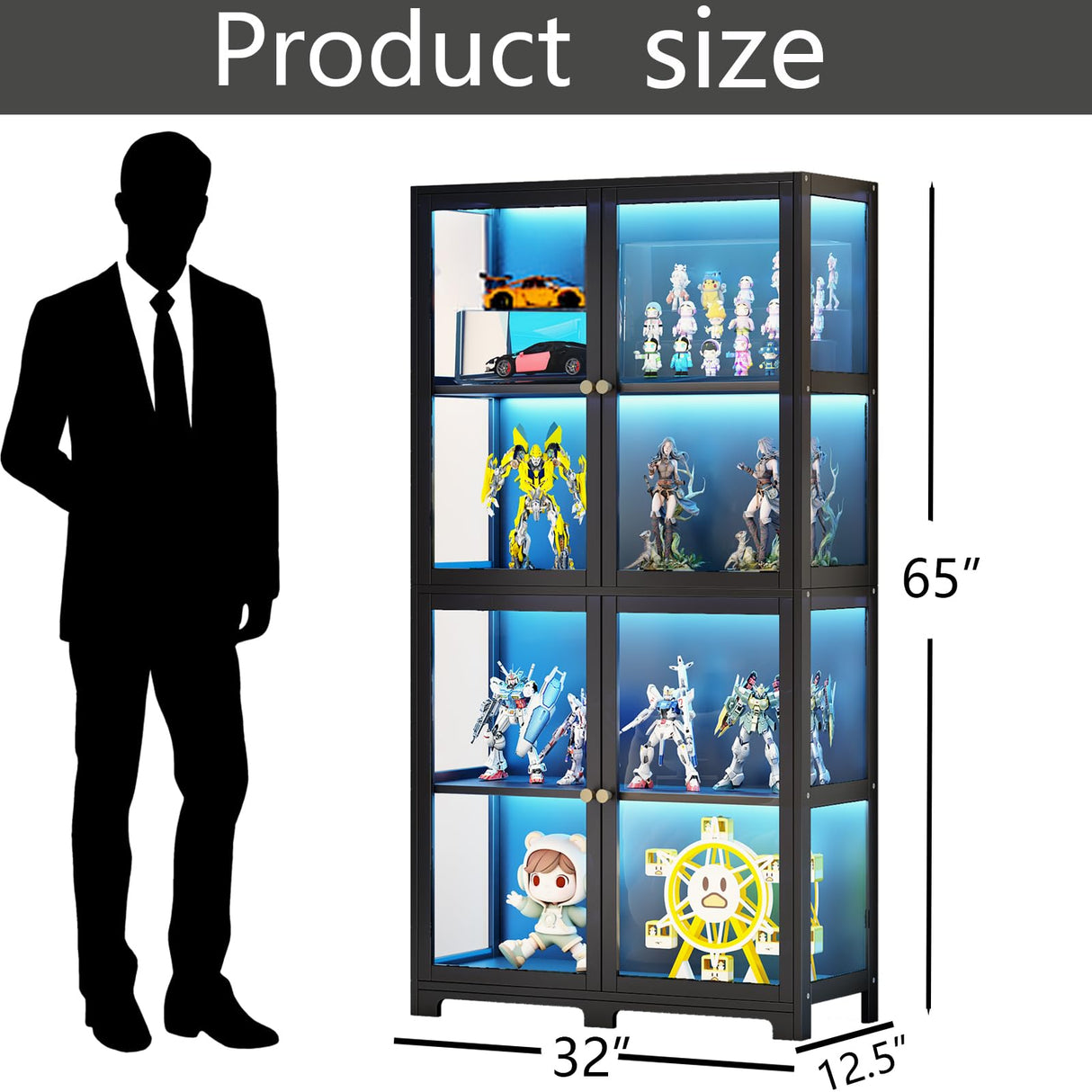 walkclpck 4 Tier Curio Display Case, Display Cabinet with Acrylic Door, 65“Transparent Curio Case, Organizers Rack & Display Shelf, Kids Bookcase for Bedroom, Office, Playroom, Living Room. walkclpck