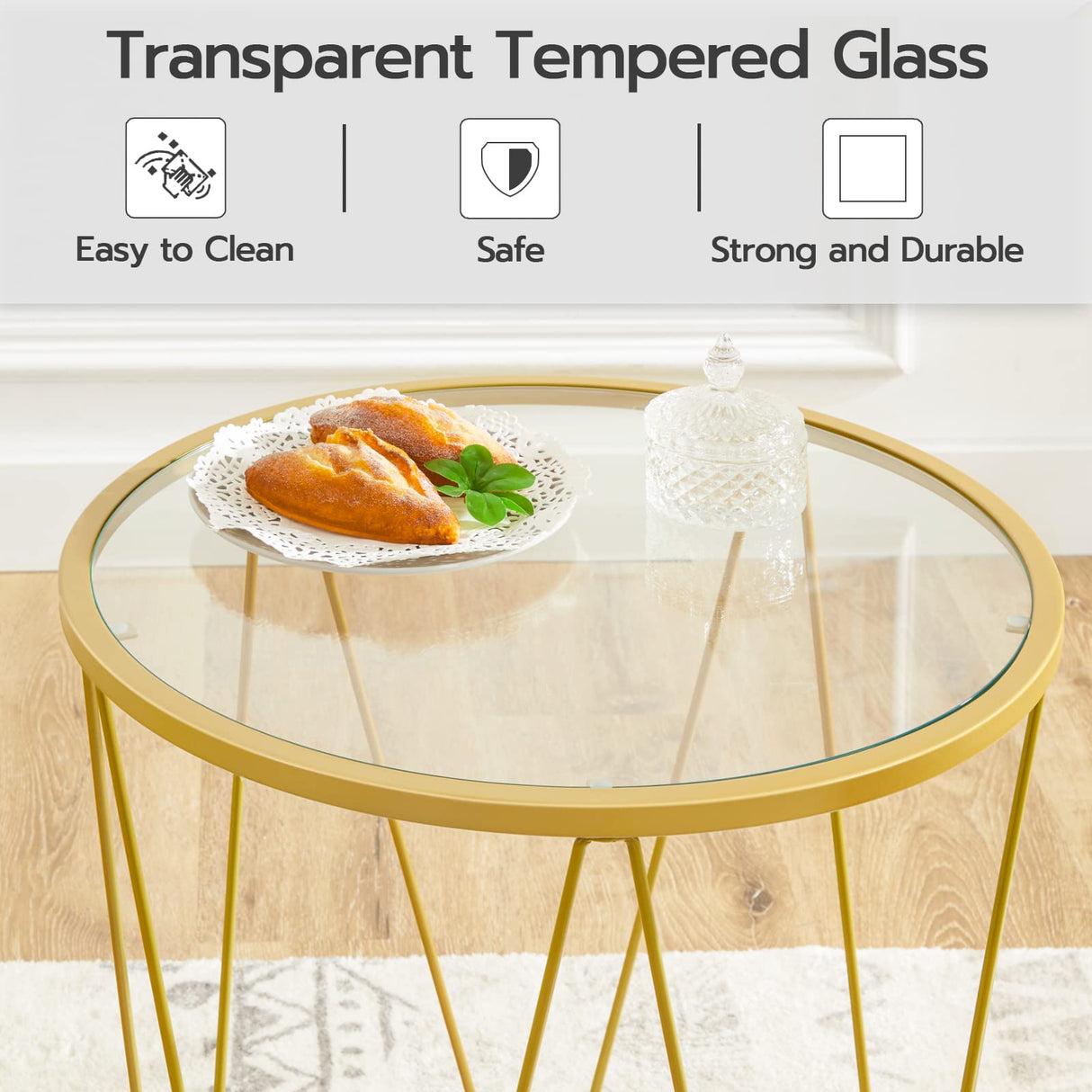 HOOBRO Small Coffee Table Set of 2, Round Coffee End Table with Metal Frame, Glass Top, Gold Side Table for Living Room, Bedroom and Balcony, Modern Style, Gold GD79BZ01 HOOBRO