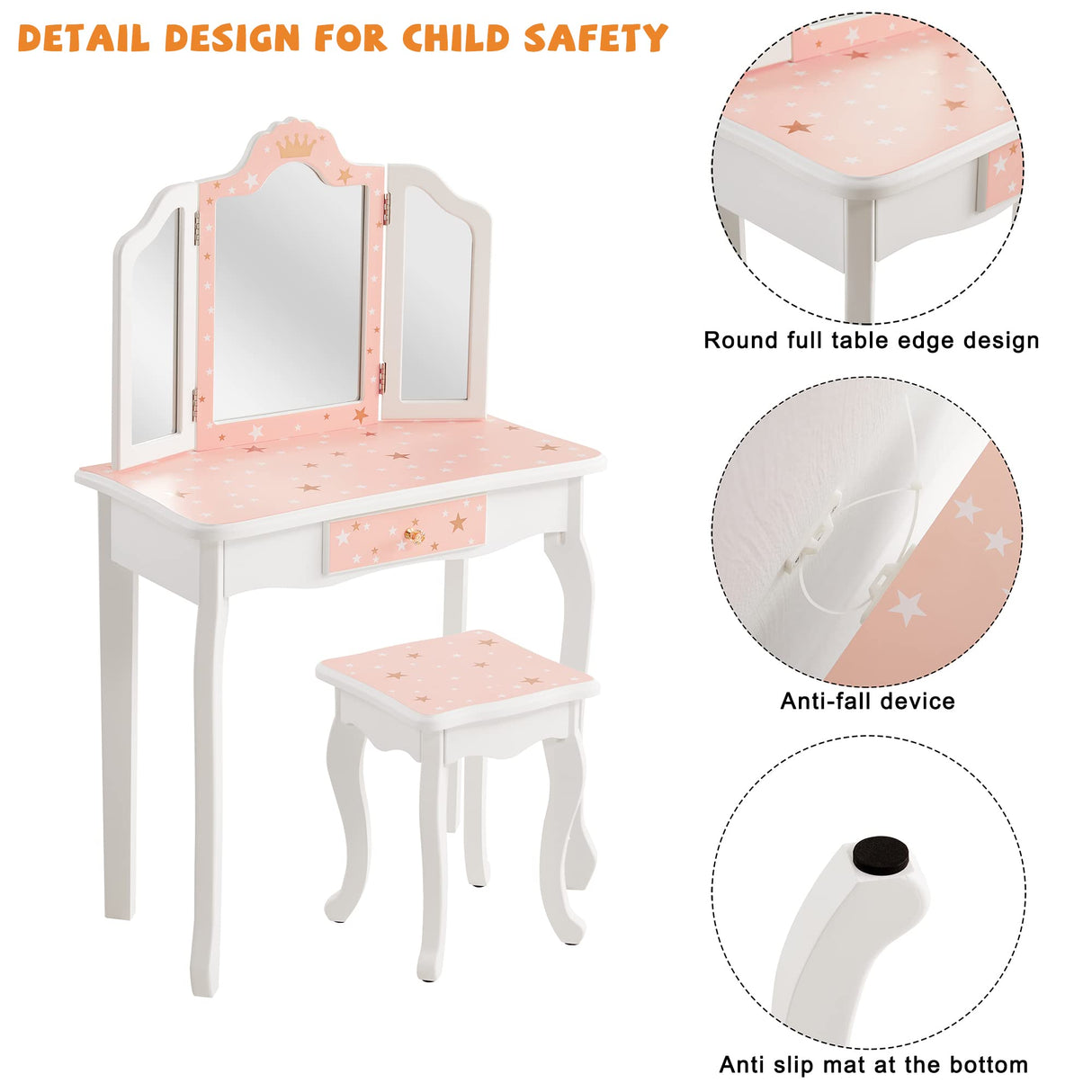 Nromant Kids Vanity Table and Chair Set, Girls Vanity Set with Stool, Tri-Folding Mirror, Makeup Dressing Princess Table with Drawer for Little Girls Nromant