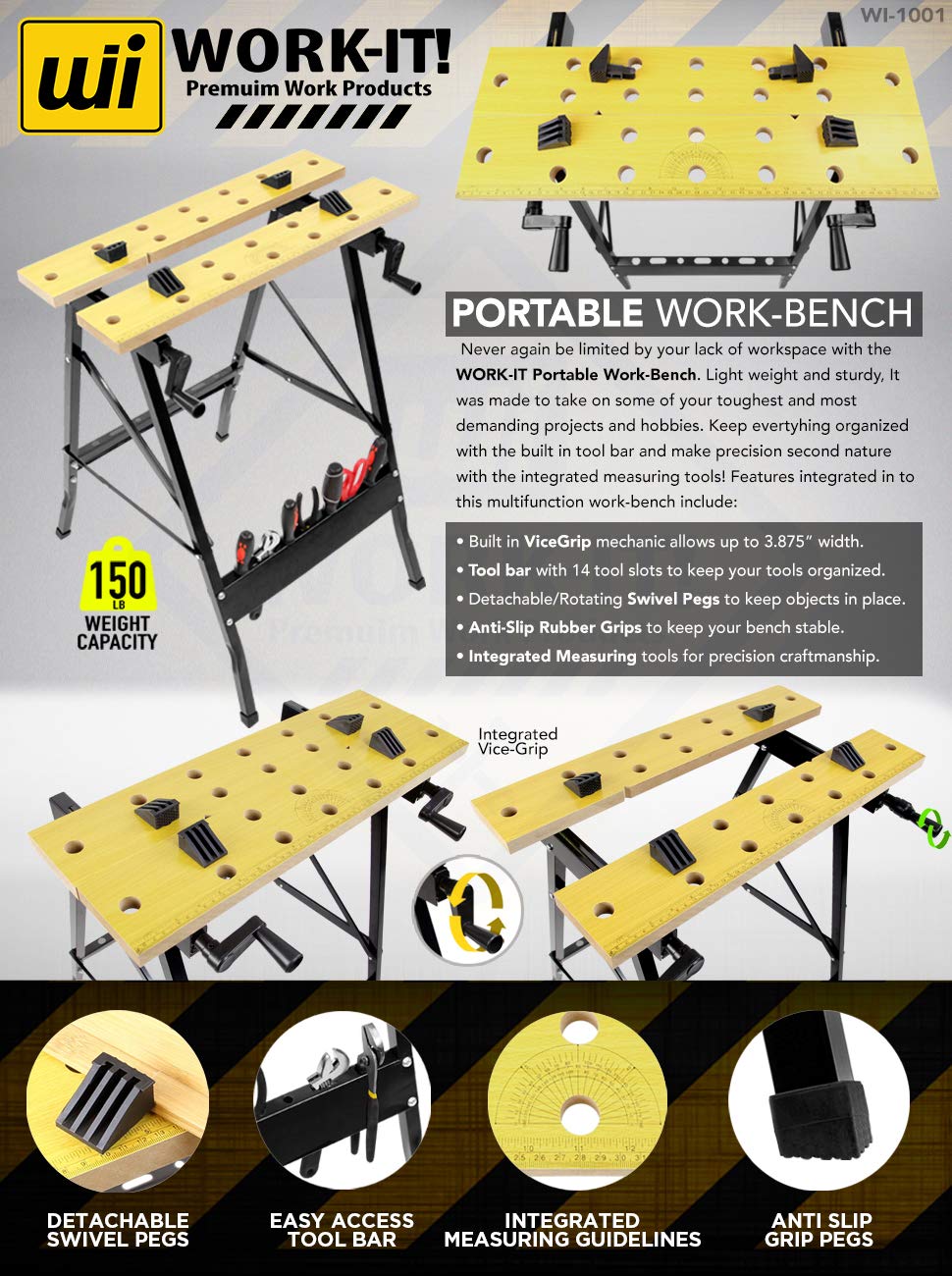 Work-It! Portable Workbench, Folding Carpenter Saw Table with Adjustable Clamps - Easy to Transport with Heavy-Duty Steel Frame, 150 Lbs Capacity Work-It!