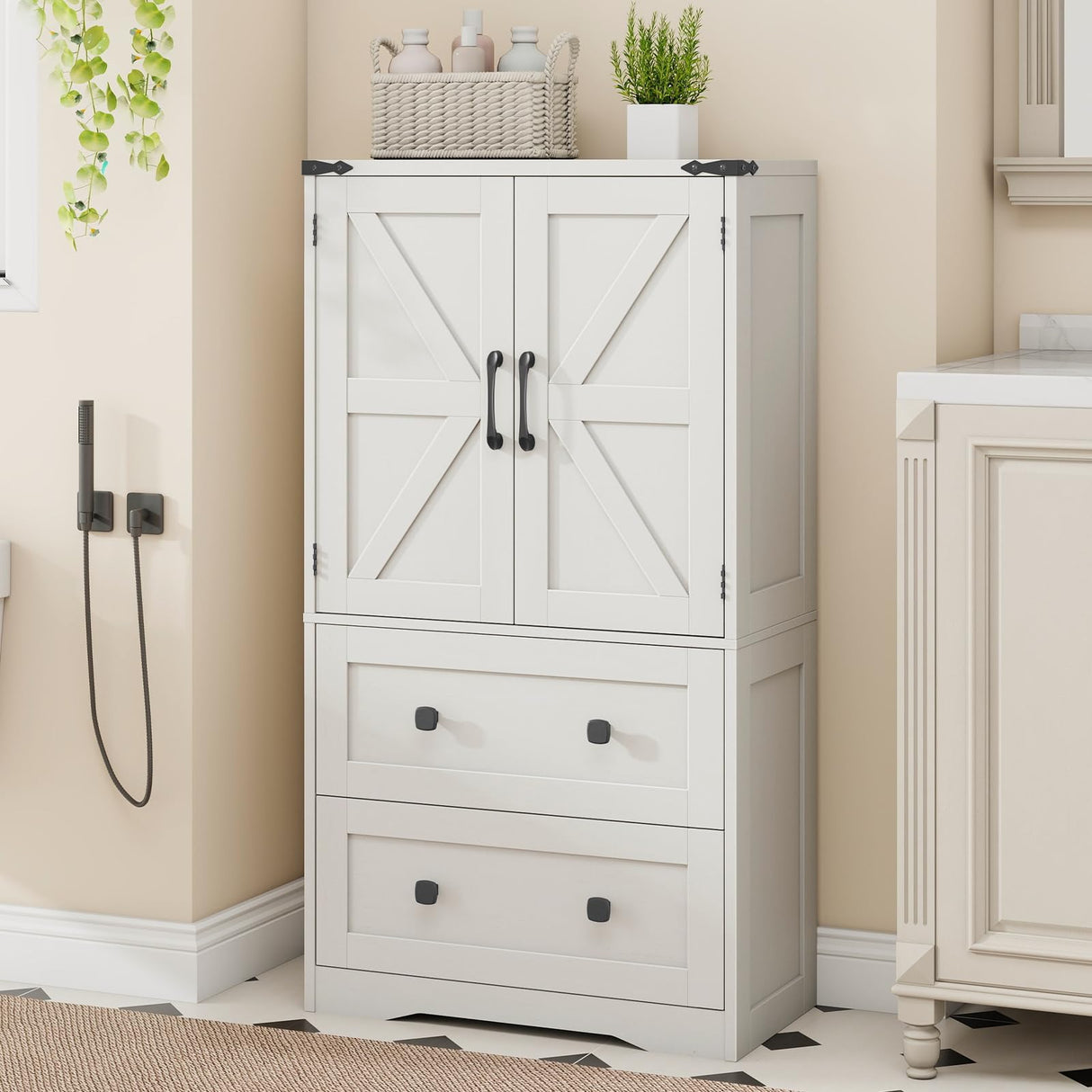 Farmhouse Bathroom Storage Cabinet with 2 Big Drawers and Barn Doors, Kitchen Pantry, Freestanding Storage Cabinet with Adjustable Shelves for Bathroom, Living Room, Kitchen.(Antique White) Befrases