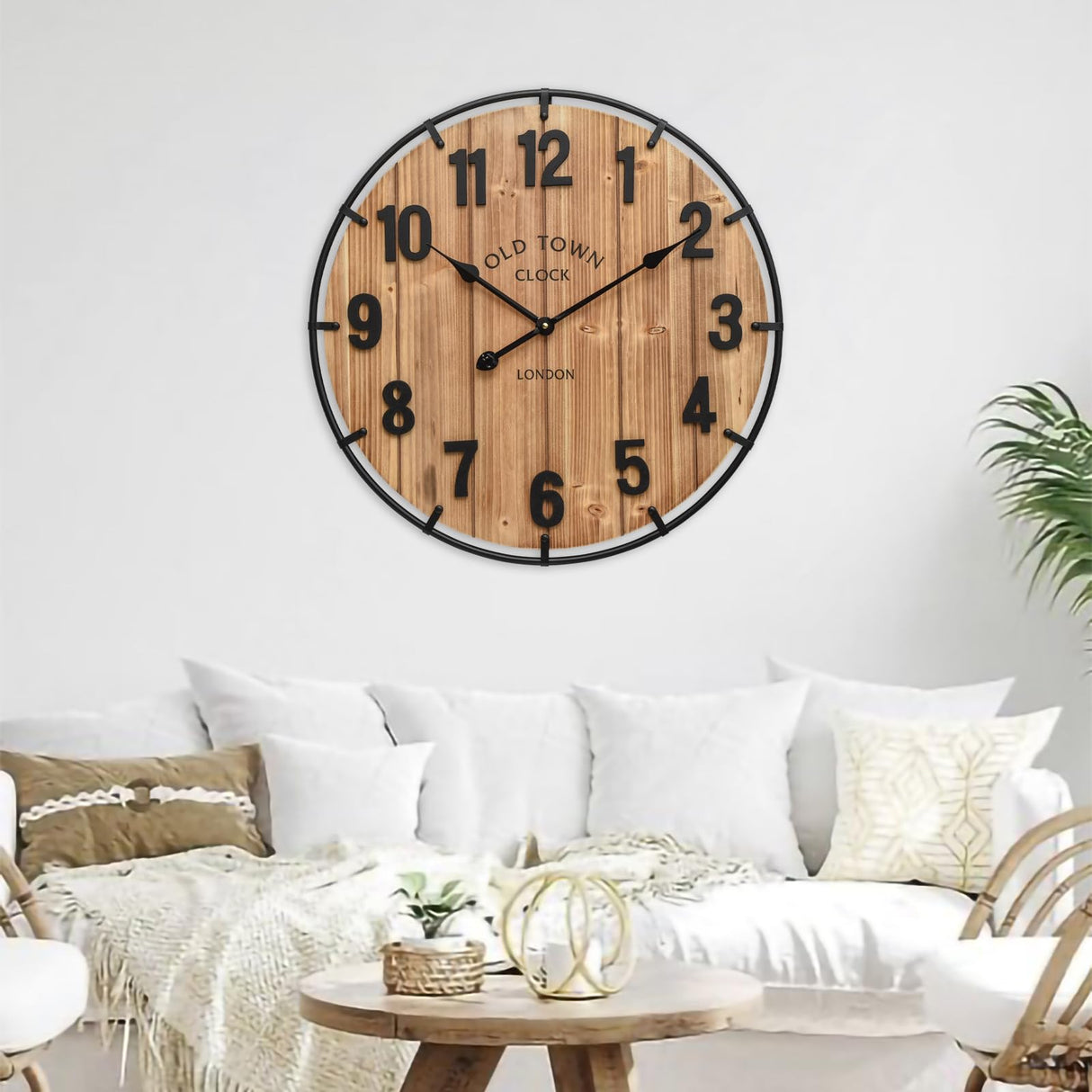 EMAX HOME Large Old Town Farmhouse Wall Clock 24 Inch Rustic Antique Wood with Metal Circle and Large Numerals Silent Battery Operated Wall Clock for Office Kitchen Bedroom Living Room EMAX HOME