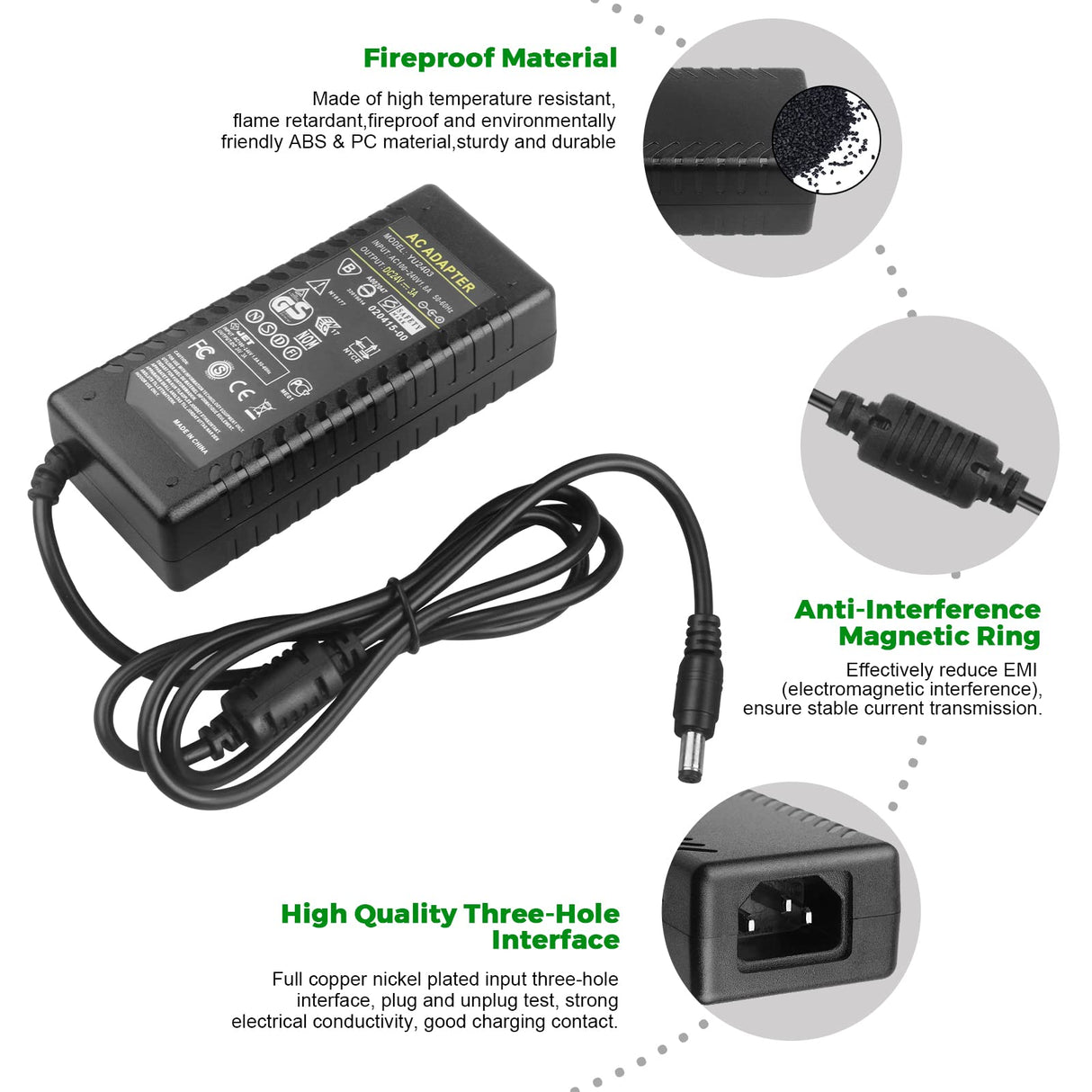 24V 3A 72W Power Supply Adapter AC 100-240V to DC 24 Volt 3 Amp Converter Transformer 5.5x2.5mm Plug for TS100 SH72 Mini Electric Soldering Iron/LED Strip Light/CCTV Security System/LCD Monitor LeTaoXing