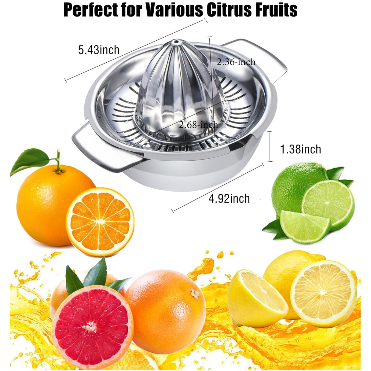 Citrus Lemon Orange Grapefruit Juicer Manual Squeezer 304 Stainless Steel Robust Hand Juicer Reamer Rotation Press with Strainer&10oz Bowl, 2 Pour Spouts, Dishwasher Safe, Easy to Clean, Heavy Duty Etinslant