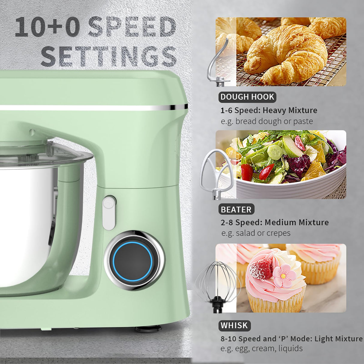 ZZR SEVEN Stand Mixer, Dough Mixer, Cake Mixer, Kitchen Mixer with Bowl SS 5.5 QT, 450W Copper Motor, Standing Mixer with Beater, Dough Hook, SS Egg Whisk (450W Green) ZZR SEVEN