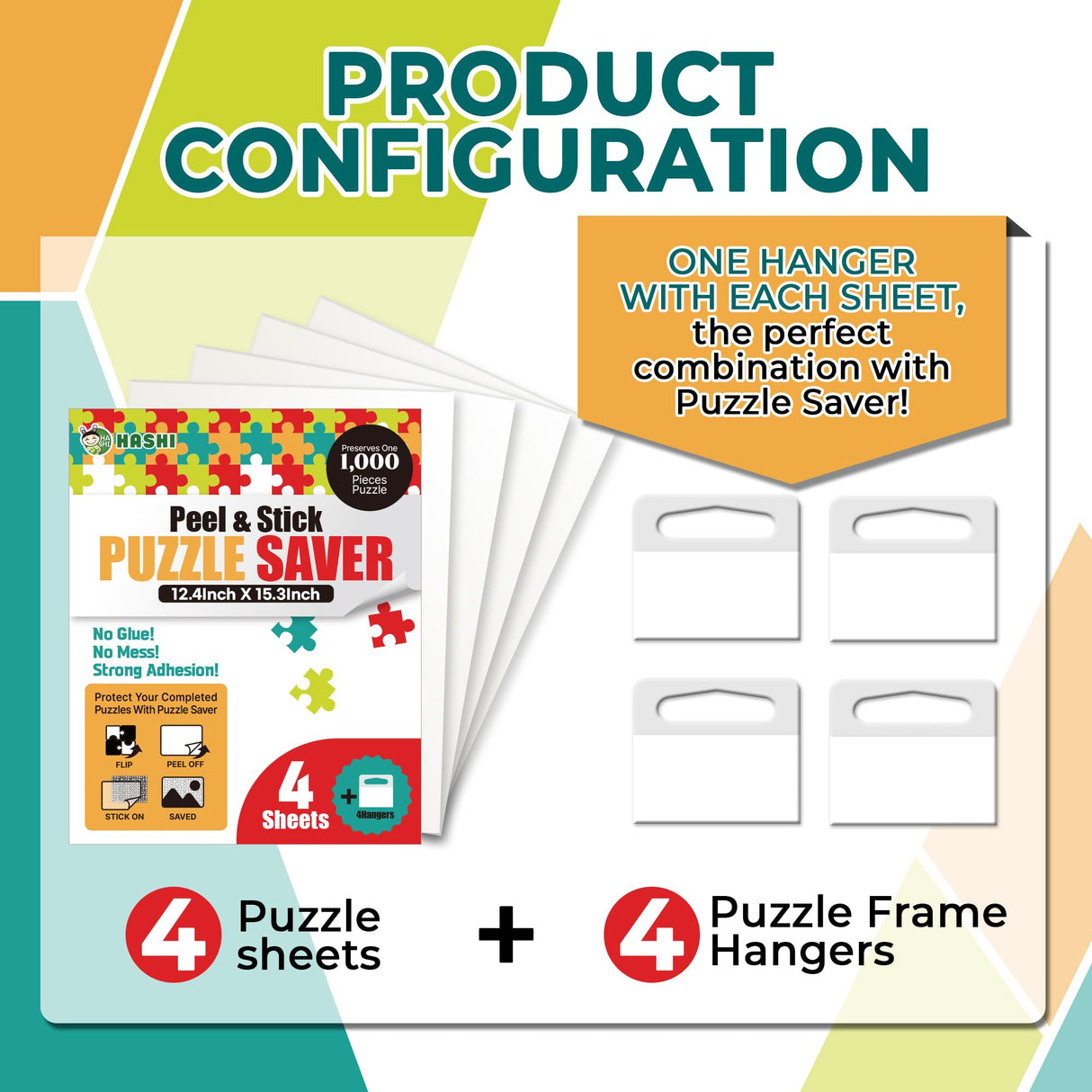 HASHI Puzzle Saver 4 Sheets (12.4 x 15.3 Inches) with 4 Hangers, Easy Peel & Stick, No Mess, Adhesive Backing for Jigsaw Puzzles HA SHI