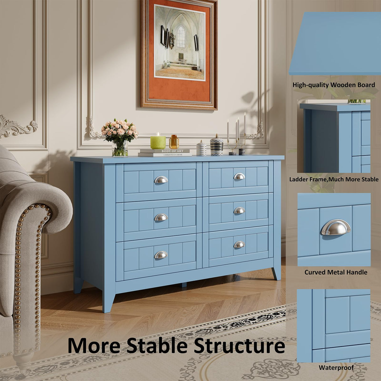 Cakhdry Dresser for Bedroom, 6 Drawer Dresser, Wide Chest of Drawers for Closet,TV Stand with Sturdy Frame and Wood Top, Easy Pull Handles for Clothes, Living Room, Hallway, Entryway,Light Blue Cakhdry