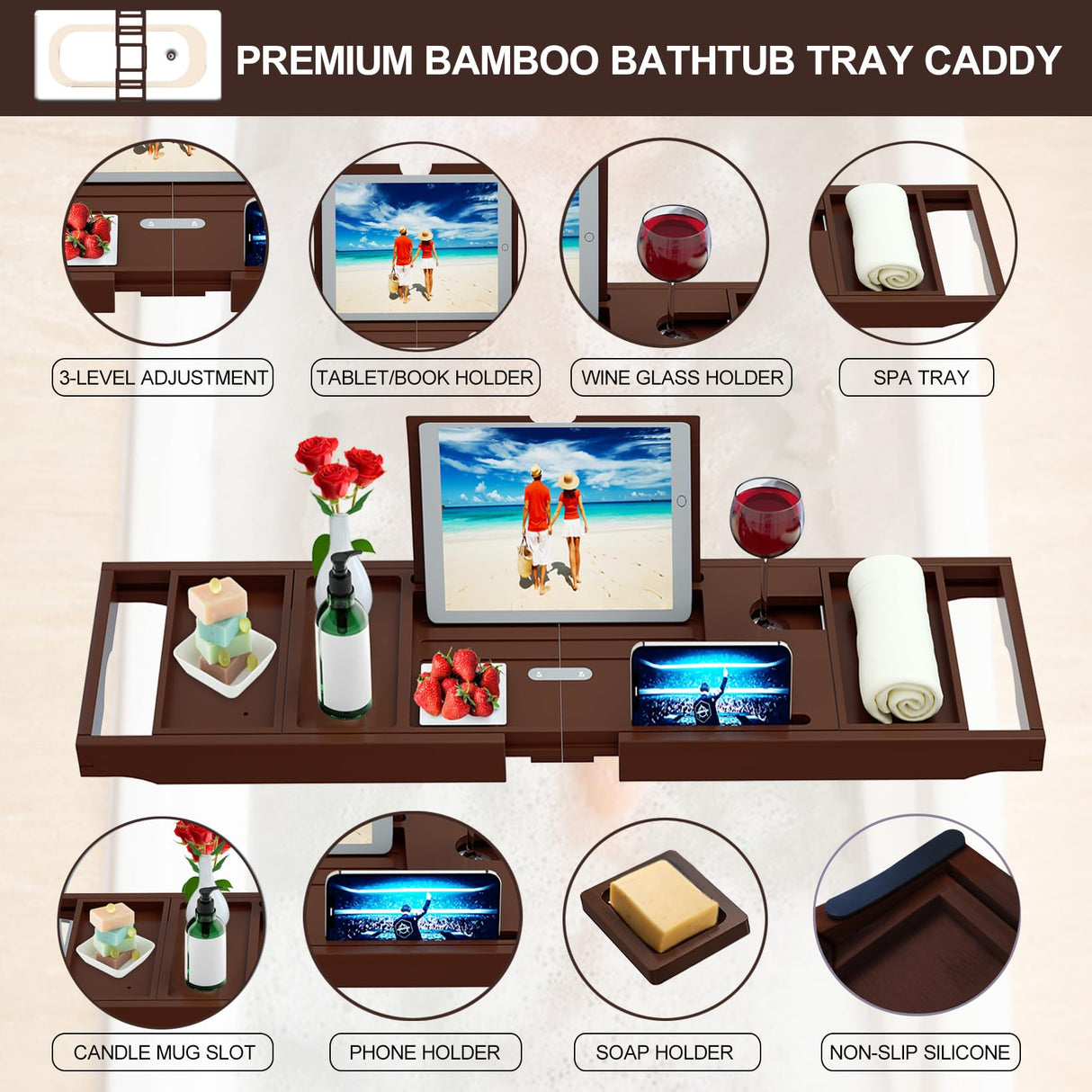 Premium Bamboo Bathtub Caddy Tray - Bath Tray - Bath Tub Tray Table for Bathtub - Expandable Size, Fits Most Bath Tubs - Brown Banlilu