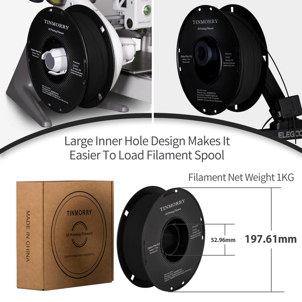 Carbon Fiber PLA Filament 1.75mm, TINMORRY PLA-CF 3D Printing Filament, Highly Compatible with Bambu FDM 3D Printer, 1 KG 1 Spool, Black TINMORRY