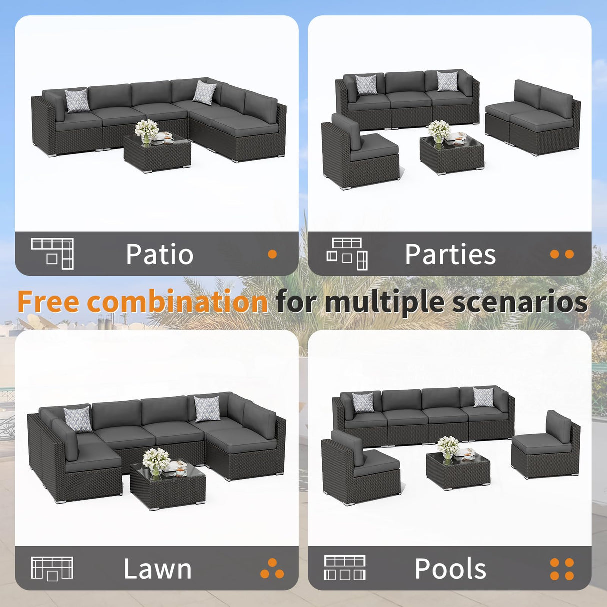 Oakcloud 8-Piece Outdoor Patio Furniture Sofa Set with 45” Propane Gas Fire Pit Table, Black Rattan Wicker Sectional Conversation Sets with Glass Top Tables and Cushions(Grey, w/Fire Pit Table) Oakcloud