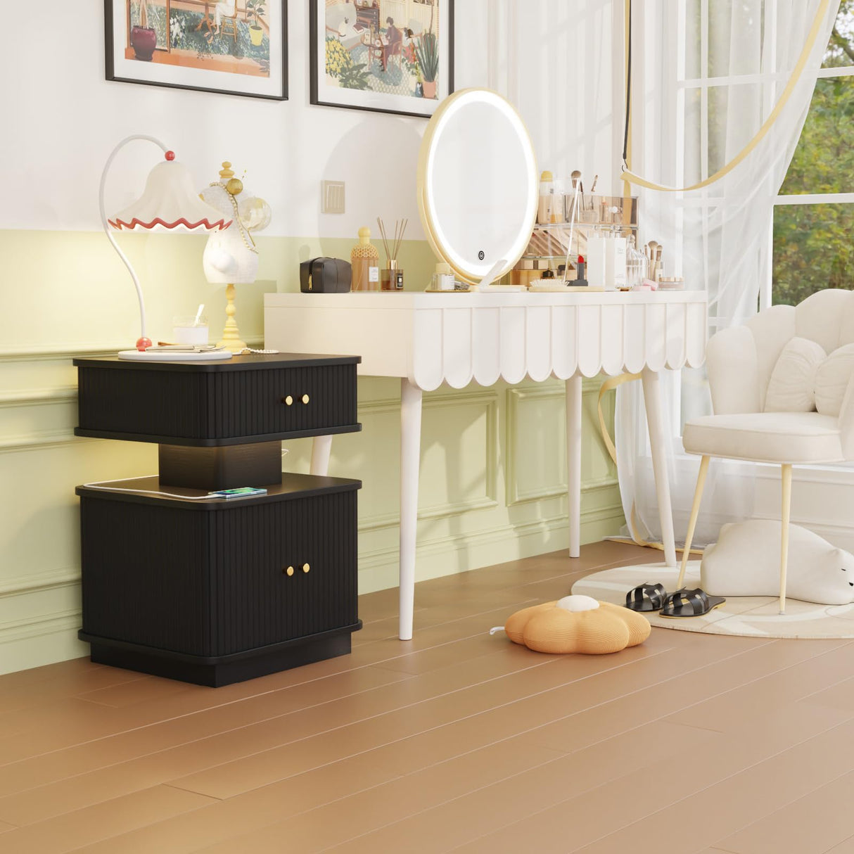 Night Stand, LED Nightstand, Bedroom Night Stand with Charging Station, 2 Drawer Nightstand, Modern Nightstands with Curvy Edge and Sliding Door, Small Bedside Table for Bedroom, Black AKMAKM