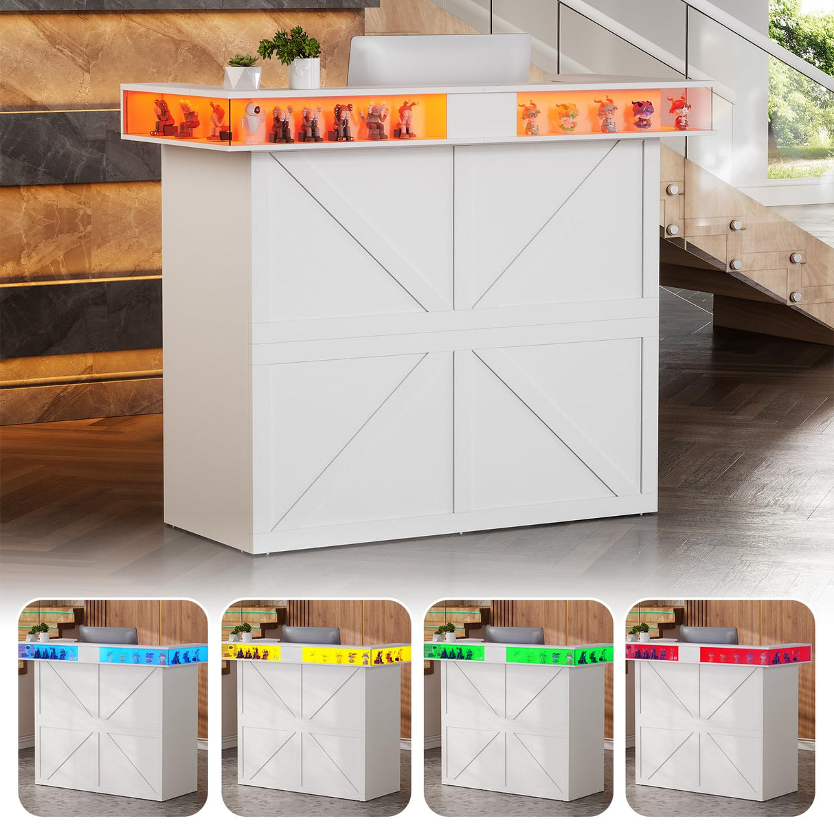 PAKASEPT Reception Desk with LED Lights, 55-Inch Front Counter Table with Lockable Drawer & Glass Display Shelf, Reception Room Table with Cable Grommet for Checkout, Lobby, Beauty Salon PAKASEPT