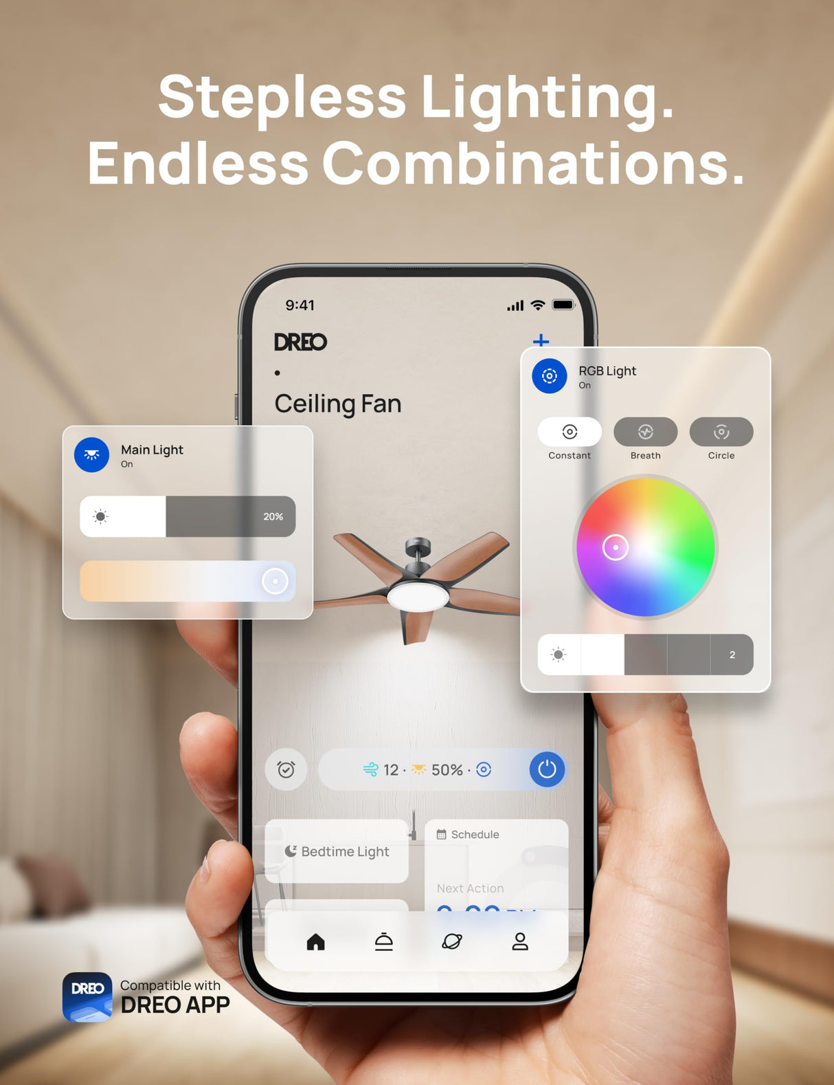 Dreo Smart Ceiling Fans with Lights, Low profile Ceiling Fan with Alexa/App, 52'' Dimmable Lighting & Color Tuning, RGB Ambient Light for Living Room, Game Room, Easy Installation, Quiet, Black Dreo