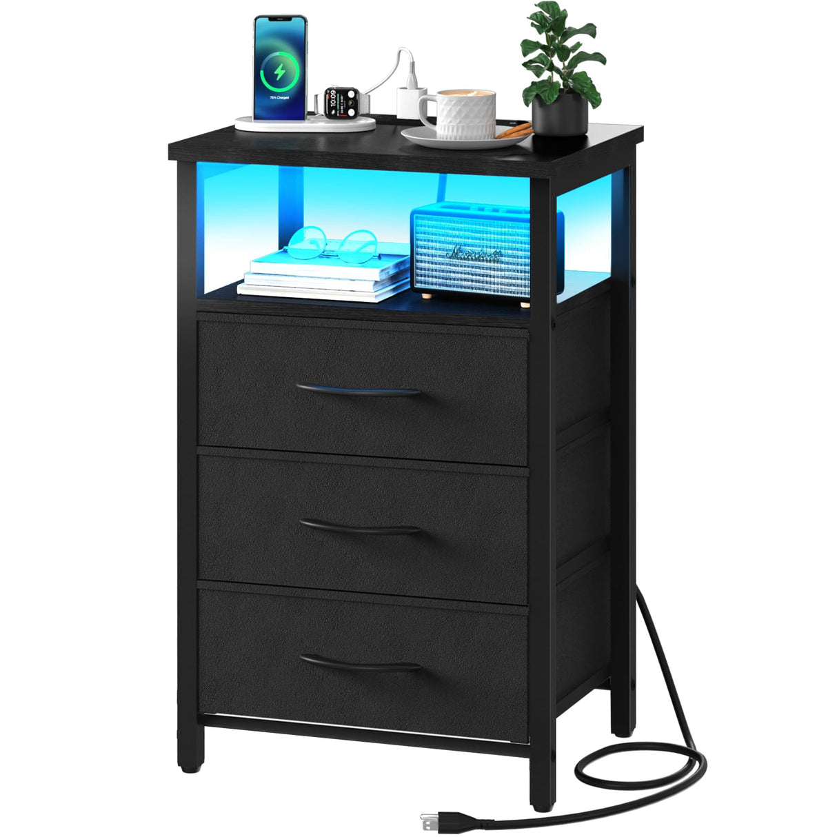 Yoobure Night Stand with Charging Station, 16 Colors LED Nightstand with USB Ports and Outlets, End Table with 3 Fabric Drawers and Storage Shelf, Bedside Tables Small Dresser for Small Space Black Yoobure