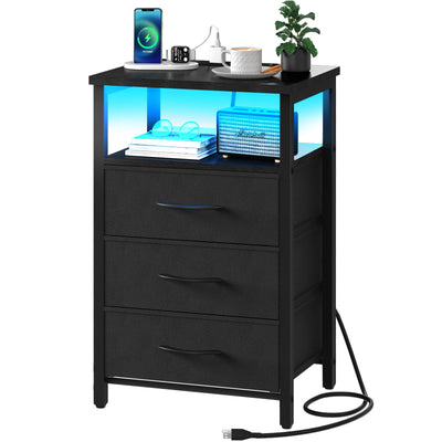Yoobure Night Stand with Charging Station, 16 Colors LED Nightstand with USB Ports and Outlets, End Table with 3 Fabric Drawers and Storage Shelf, Bedside Tables Small Dresser for Small Space Black