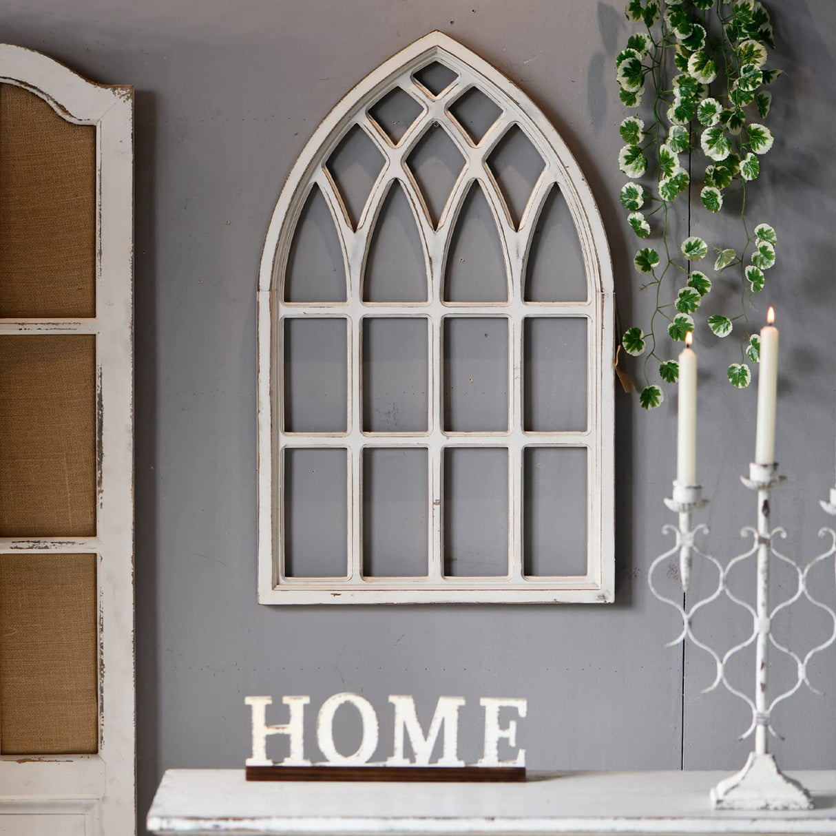 Sintosin Rustic Arched Window Frame 20 x 32 inch, Hanging Distressed White Window Pane Wall Decor, Farmhouse Window Frame Decor, Wooden Cathedral Window Frames for Wall Decor Living Room Christmas Sintosin