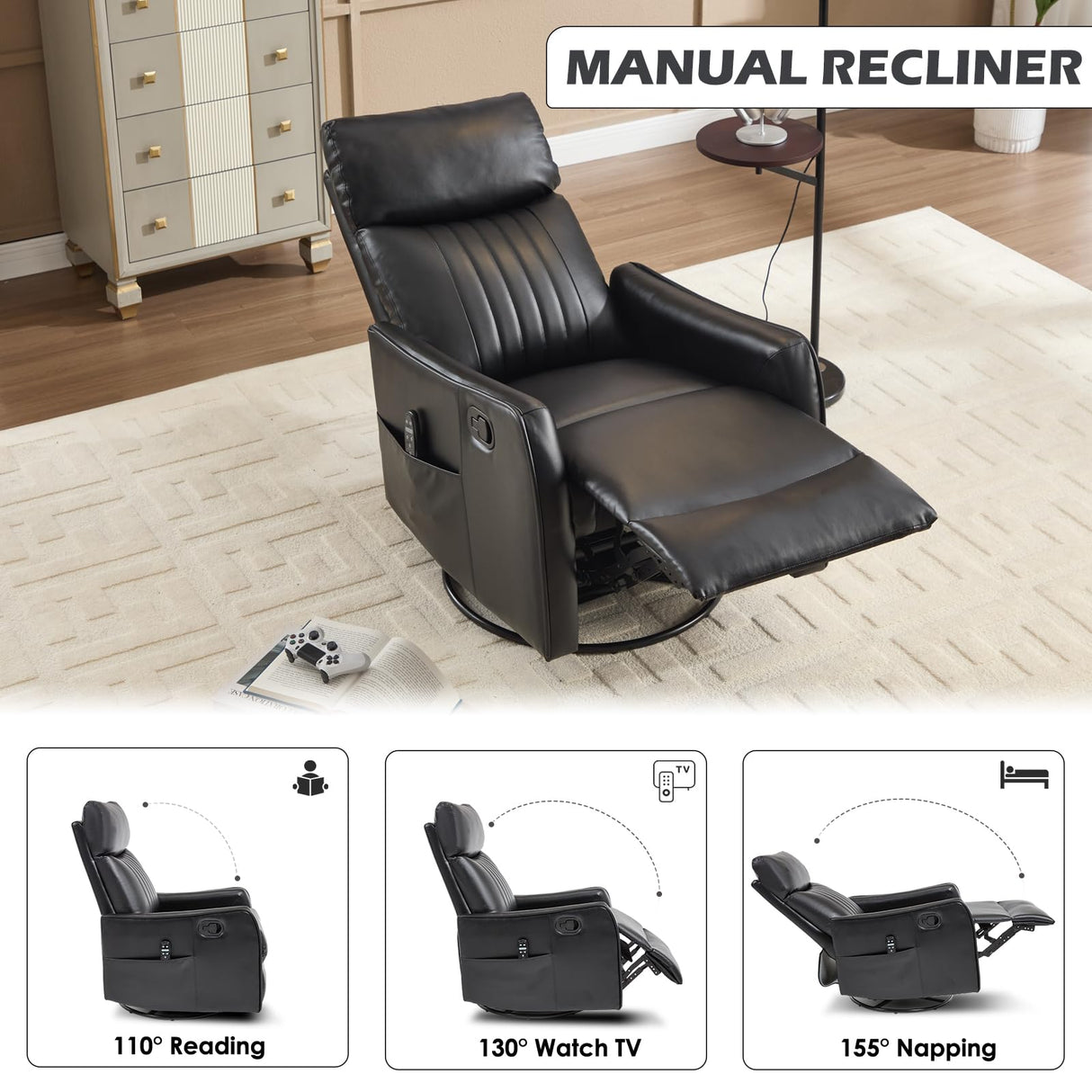 Trustyue Swivel Rocker Recliner Chair, 360° Swivel Recliner with Heat and Massage, Rocker Recliner Nursery Glider Chair with Side Pockets for Living Room (Black, Faux Leather) Trustyue