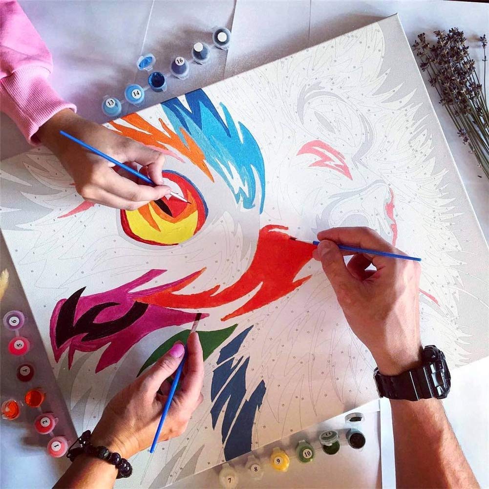 Komking DIY Paint by Numbers for Adults, Paint by Number Kits for Kids Beginner on Canvas Painting, Colorful Wolf 16x20inch Komking