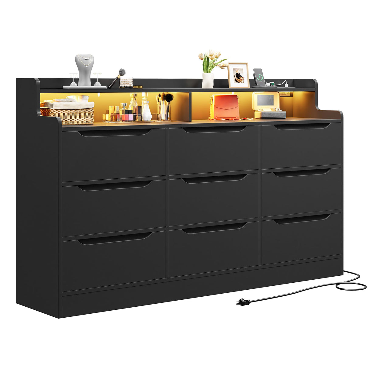 EnHomee 9 Drawers Dresser with LED Light Storage Shelves,Black Dresser for Bedroom with Charging Station,Dressers & Chests of Drawers with Handleless in Modern Style,Tall Wooden Dresser for Home EnHomee