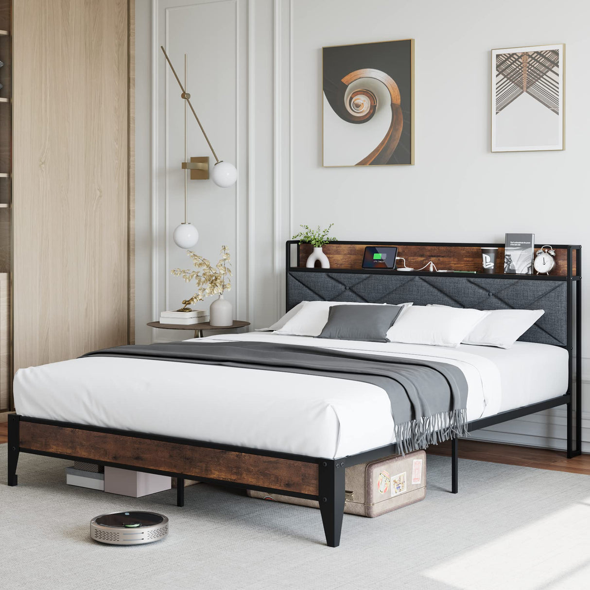 Homhougo Queen Size Bed Frame with Integrated Charging Station and Storage Shelf, Noise-Free Design in Light Gray Homhougo