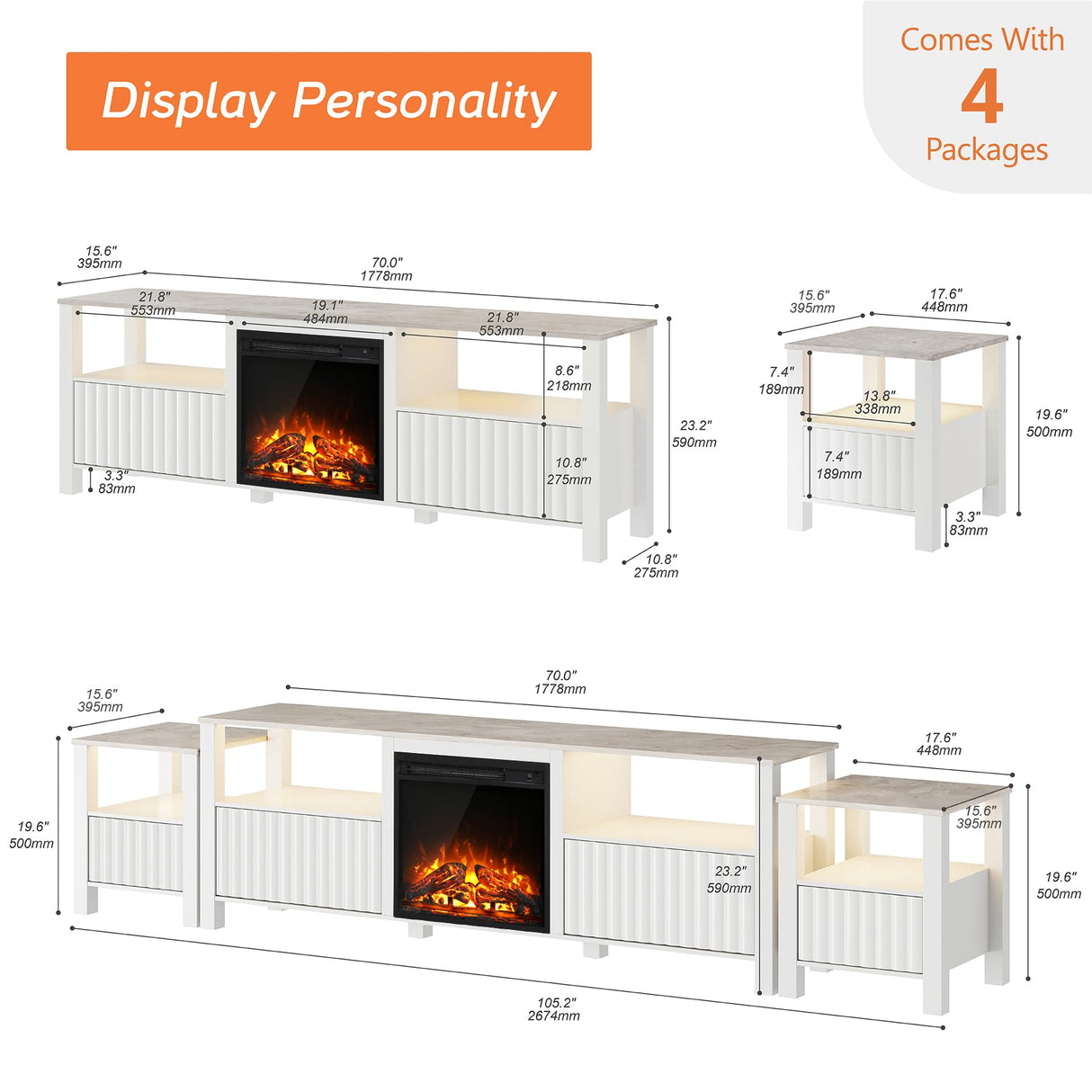 WAMPAT Living Room Table Set of 3, Modern Fireplace TV Stand for 75 inch TV with 5 Storages, 2 Wood End Table LED Night Stand with Door for Living Room, Bedroom, White WAMPAT