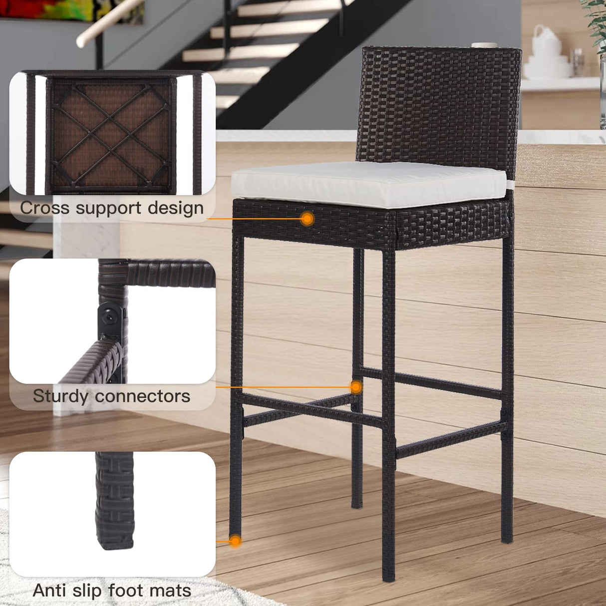 PayLessHere 2 Piece Outdoor Bar Stools 30" Wicker Patio Stools Bar Chairs Height Stools All Weather Patio Furniture with Footrest Khaki Cushion for Outdoor Indoor Pool Lawn Porch Backyard,Brown PayLessHere