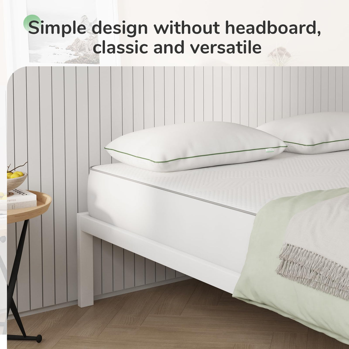 Novilla Full Size Bed Frame Without Headboard, Metal Platform Bed Frame, No Box Spring Needed, Heavy Duty, Wood Slat Support, Easy Assembly, White Novilla