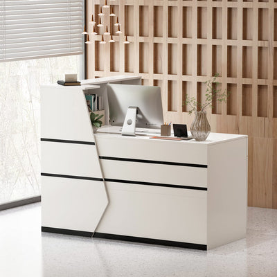 AIEGLE Reception Desk with Hutch, Reception Counter Desk with Lockable Drawers & Shelves, for Salon Recetion Room Retail Counter Checkout Office, White (55.1" W x 43.3" D x 43.3" H)