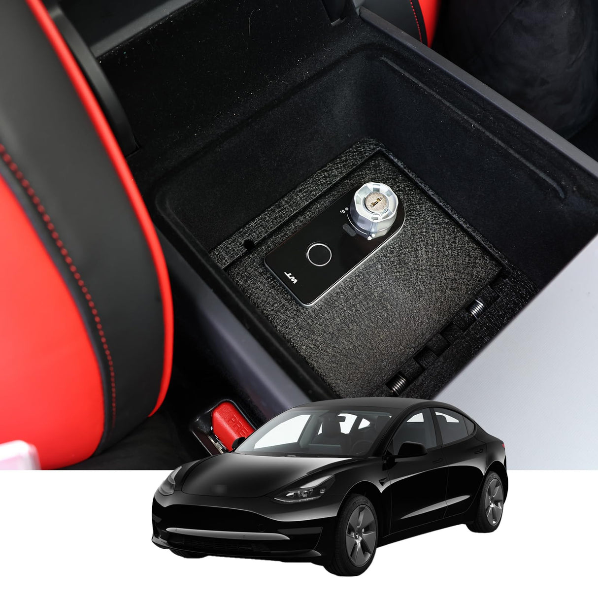 JIKE Center Console Gun Safe - Console Gun Vault Compatible with Tesla Model 3 2024-2025, for Model Y 2025, High Security Armrest Lock Box with Fingerprint Lock with Backup Key JIKE