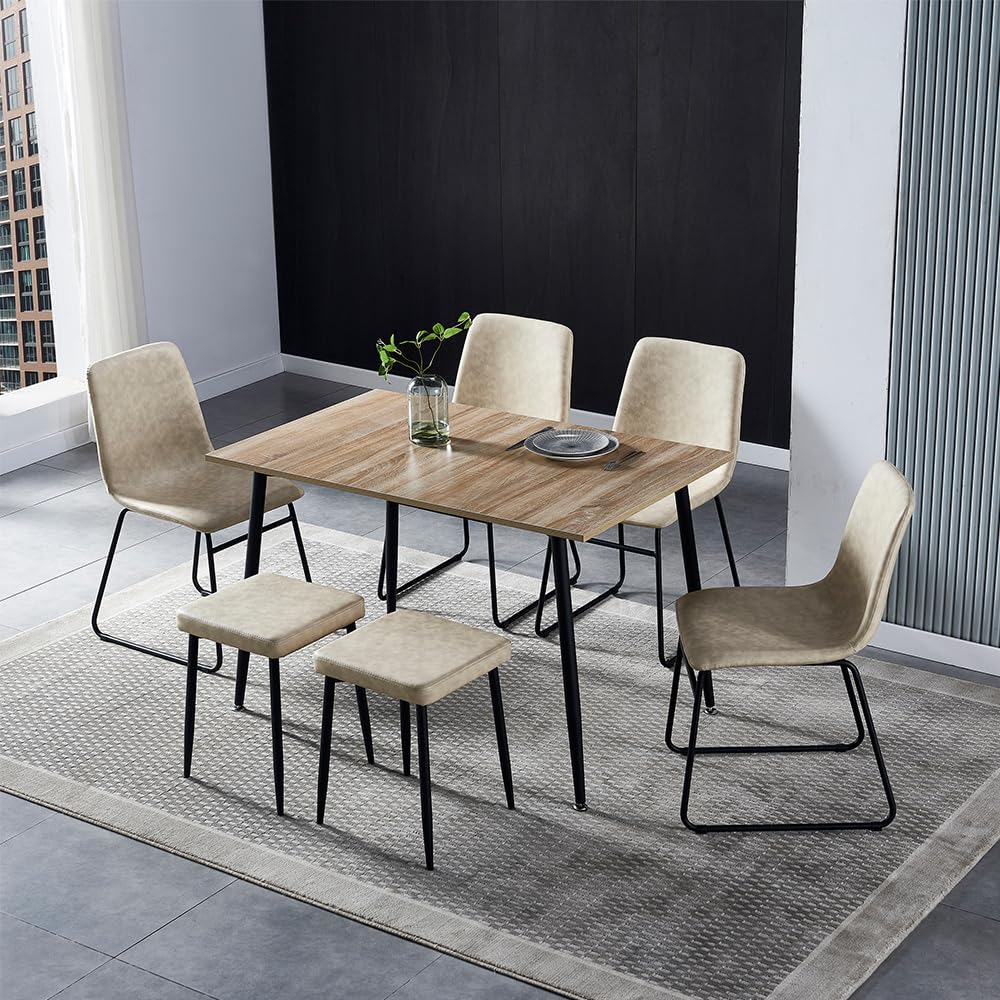 Anchorhome 47"(W) Modern Wooden Dining Table Set for 4/6, with 4 Armless Dining Chairs Plus 2 Sturdy Stools Faux Leather Metal Frame, Dining Room Kitchen Apartment (Vintage Beige) Anchorhome