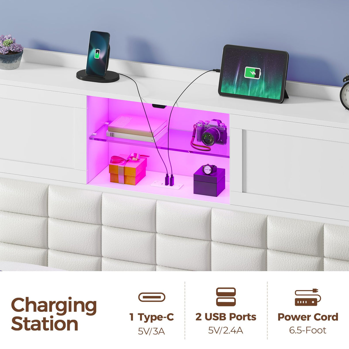 Rolanstar Bed Frame Full Size with Charging Station, Bookcase Headboard Bed with LED Light and Sliding Doors, Platform Bed with Wooden Slats, No Box Spring Needed, Noise Free, White Rolanstar