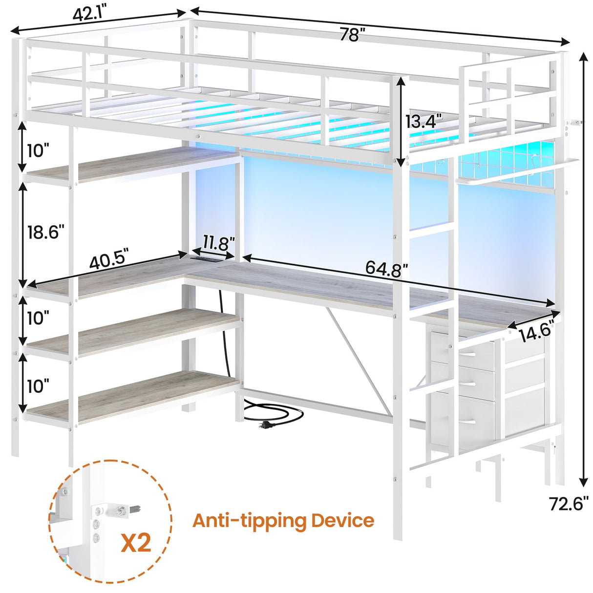 Loft Bed Twin Size with L-Shaped Desk and Storage Shelves, Metal Loft Bed Frame with Power Outlet, LED Lights, 3 Fabric Drawers, Metal Mesh, Space-Saving, No Box Spring Needed, White MSmask