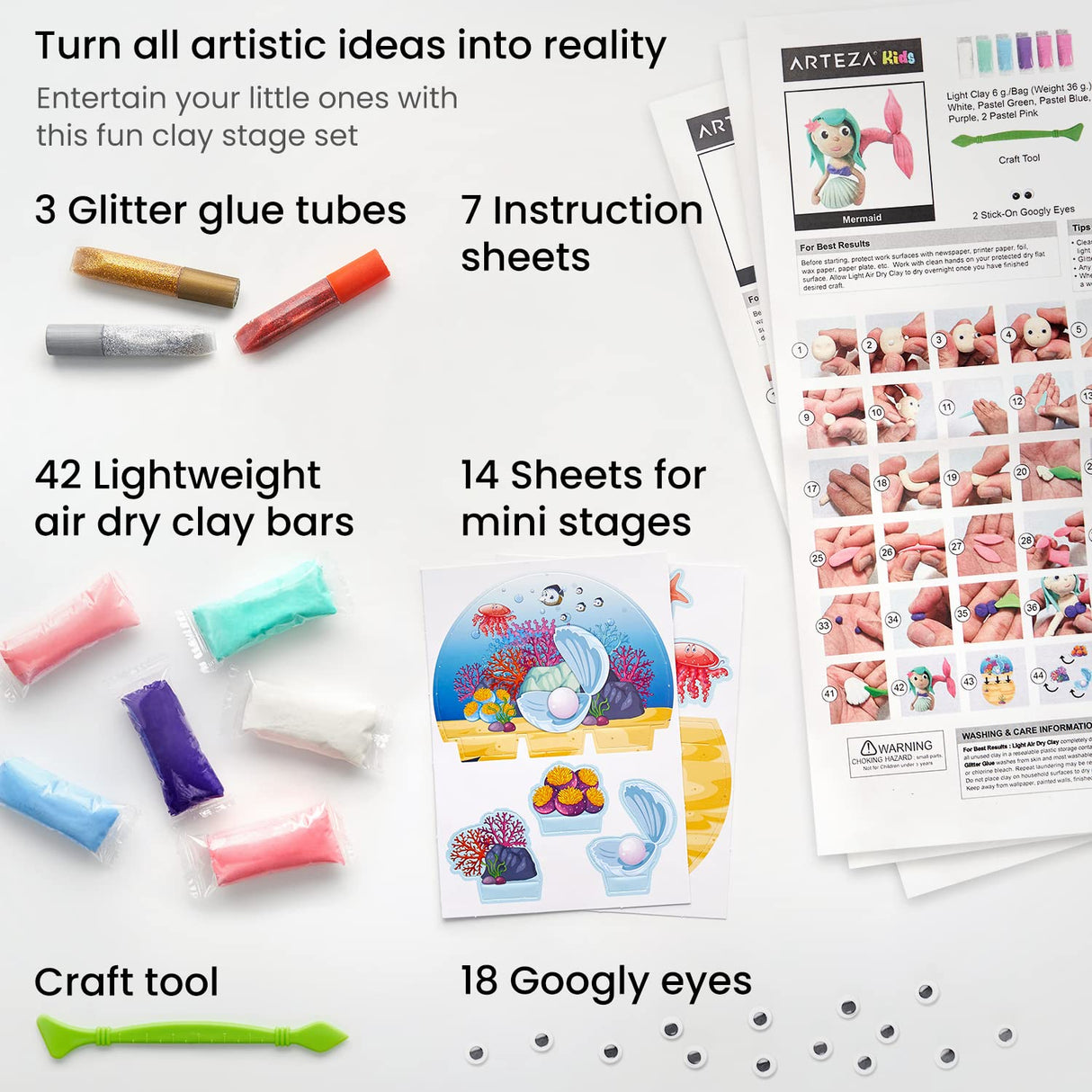 Arteza Kids Air Dry Clay, 42 Bars, Magical Creature Modeling Clay Kit, 14 Mini-Stages, Craft Supplies for Learning Centers and Educational Playtime, Birthday Gifts Arteza Kids