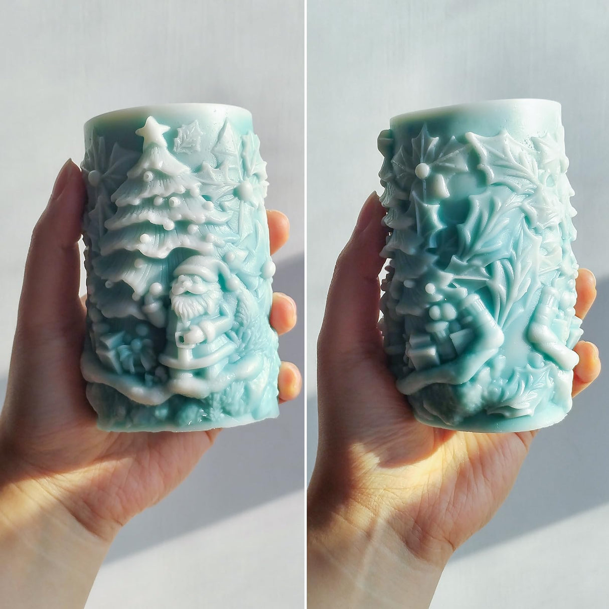 Wehous Christmas Candle Molds, 3D Embossed Santa Tree Holly Cylinder Silicone Molds for Resin Candle Soap Wax, Christmas Ornament Fondant Chocolate Dessert Mold Art Craft Xmas Decor (Santa & Tree) Wehous