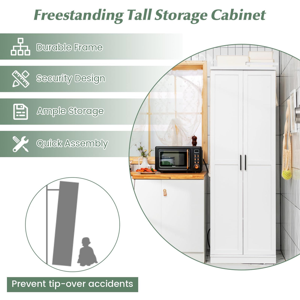 70" Tall White Modern Pantry Cabinet with Adjustable Shelves and Anti-Tip Safety Features LOKO