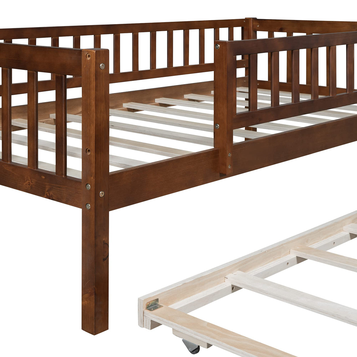 Twin Size Bed Frame with Trundle and Fence Guardrails, Wooden Montessori Style Kids Beds with Slats Support, Dual-use Daybed for Bedroom and Living Room, Walnut Bellemave
