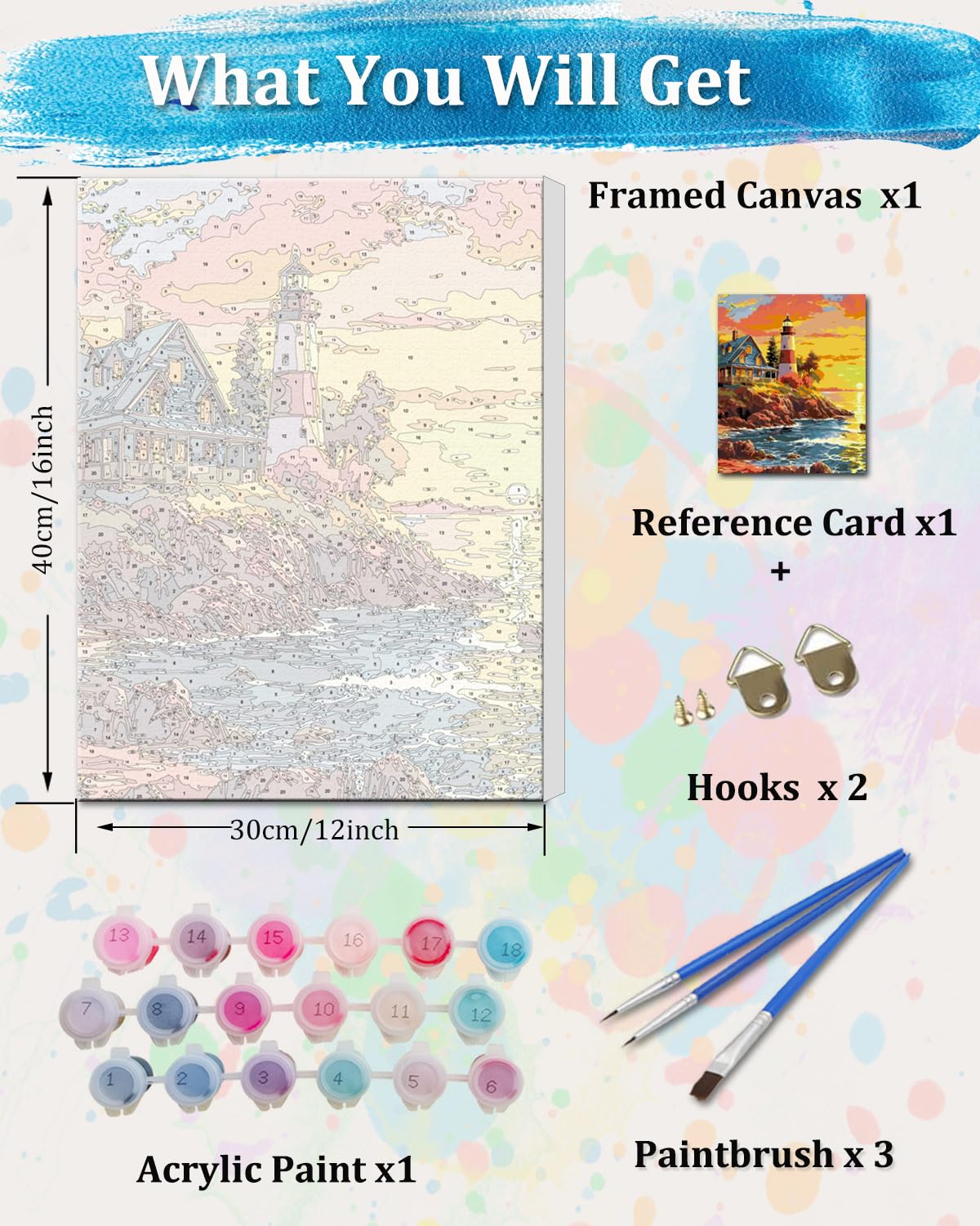 TOCARE Framed Paint by Numbers Kit for Adults, 12x16Inch Lighthouse Paint by Numbers with Frame, Sunset Beach Paint by Number Framed Canvas Seascape Nature Scenery(Without Easel) TOCARE