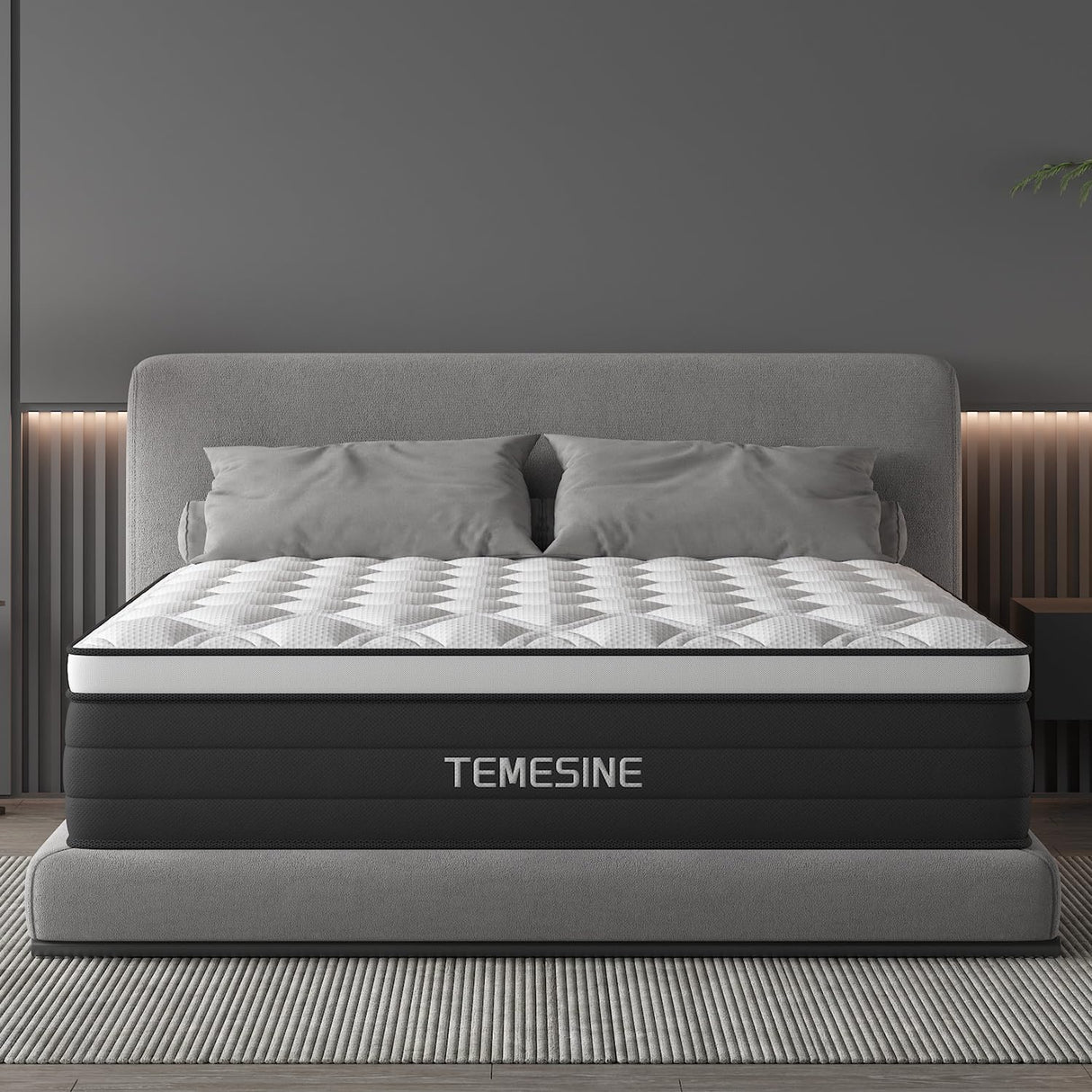 Full Size Mattress, 12 Inch Hybrid Mattress in a Box with Individual Pocket Spring, Gel Memory Foam and Euro Top, Medium Firm Feel with Motion Isolation, Pressure Relief, Edge Support, Black TEMESINE
