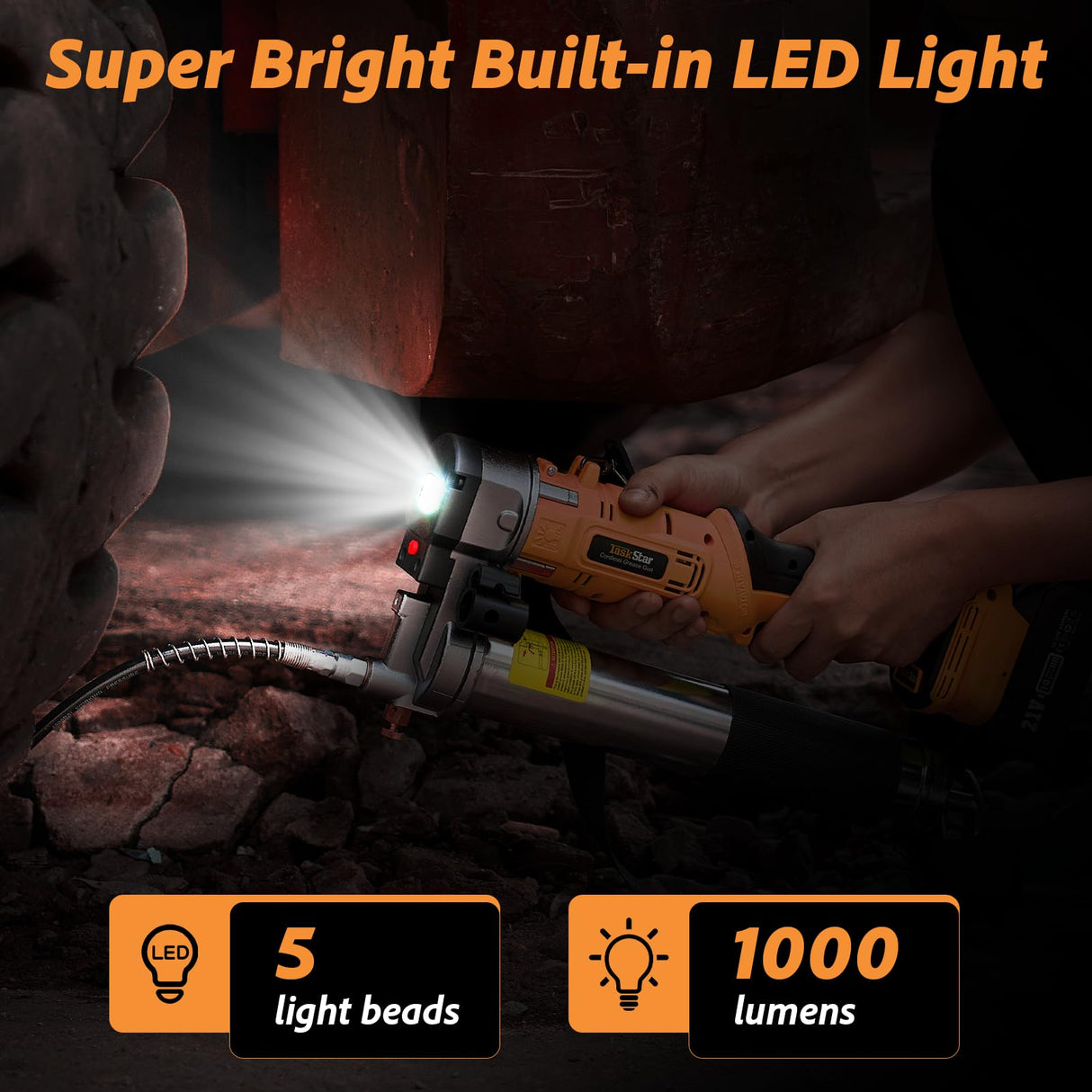 TaskStar 2-in-1 Electric Grease Gun:12000 PSI, 5.3 oz/min Flow Battery Powered Cordless Grease Gun with 2 * 4.0 Ah Batteries and Charger, LED Light, 90 Degree Coupler Adapter, Orange TaskStar