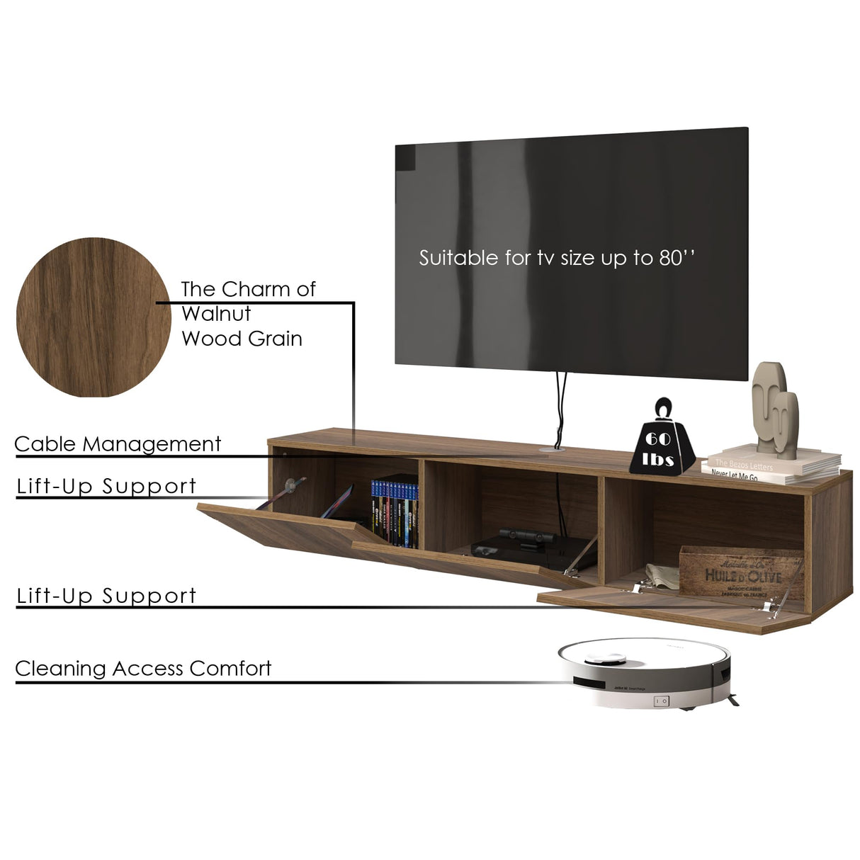 Atelier Mobili Walnut Floating TV Stand for 75 inch TV, Floating Media Console, Floating Entertainment Center, Wall Mounted TV Stand ATELIER MOBILI THE LEADER OF THE INTERCHANGEABLE FURNITURE