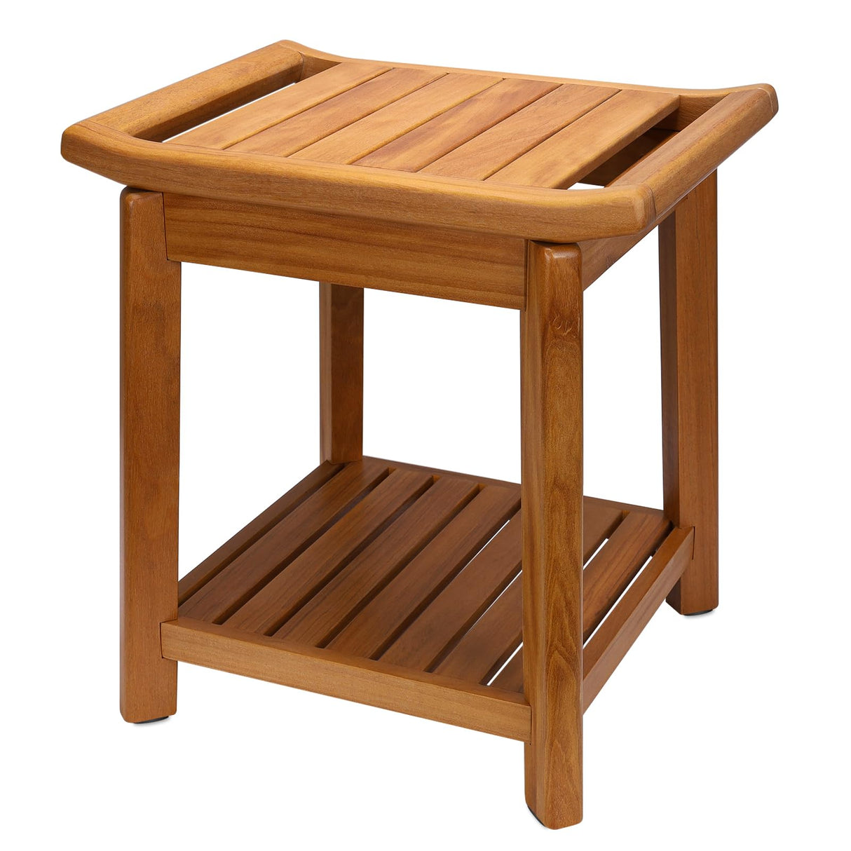 17" Teak Shower Chair with Storage Shelf & Handle, Non-Slip Waterproof Wooden Shower Bench, Stable Bathroom Seat and Heavy Duty Shower Stool for Tub or Indoor Use, Ideal for Elderly, Recovery ACTESE