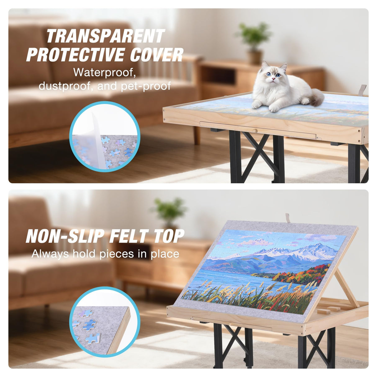 FUNTOK 1500 Piece Jigsaw Puzzle Table with Legs for Adults, Portable Wooden Puzzle Tables with Wheels, Drawers, Adjustable Height with Scales, 5-Tilting-Angle, Transparent Cover, Non-Slip Felt Surface FUNTOK