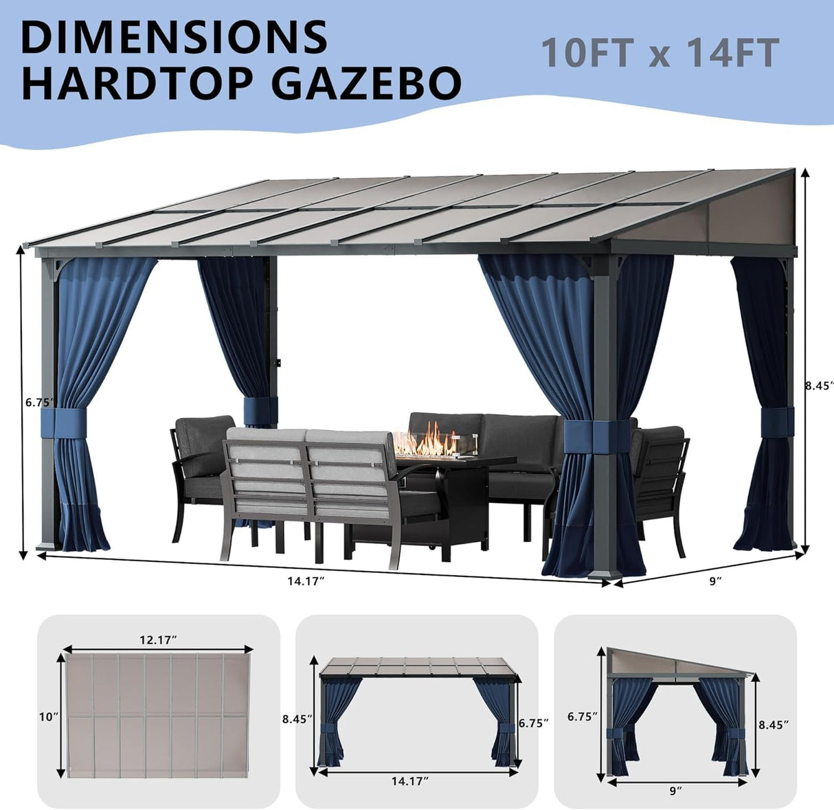 10x14FT Gazebo, Hardtop Wall Mounted Gazebo with Sloping Sun Panel Roof, Awnings for Patio with Metal Frame, Double Curtains for Garden, Lawn, Backyard Deck, Sand ASJMR