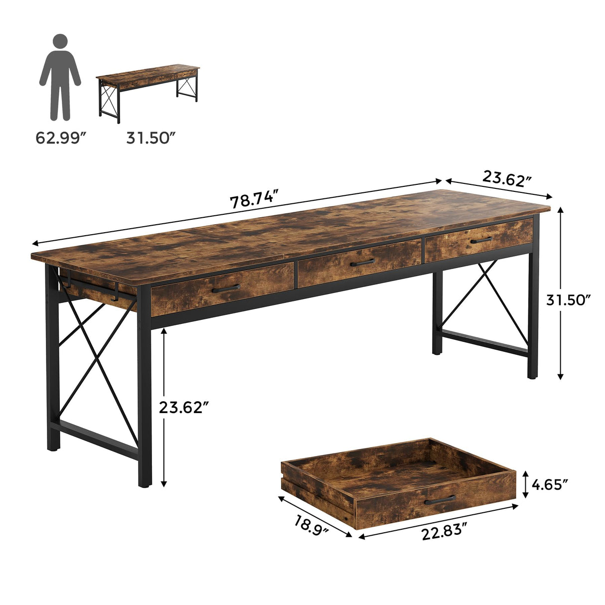 Condemo 78.7 inch Extra Long Computer Desk, Two Person Desk with 3 Drawers, Double Desk with Hooks, Industrial Writing Study Table Workstation for Home Office, Rustic Brown and Black Condemo