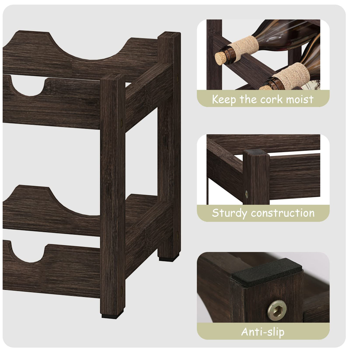 BAMEOS Wine Rack Freestanding 2 Tier 8 Bottle Bamboo Wine Racks Countertop Cabinet Wine Holder Wine Storage Shelf for, Bar, Pantry Wine Cellar Basement Countertop Mocha (16.85 L x 9.25W x 7H BAMEOS