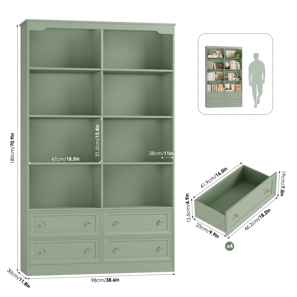 FINETONES 71" Tall Bookshelf with 4 Drawers, 6-Tier Double Wide Bookshelves and Bookcases with Storage, Green Bookshelf Large Open Bookshelves Standing Book Cabinet for Home Office FINETONES