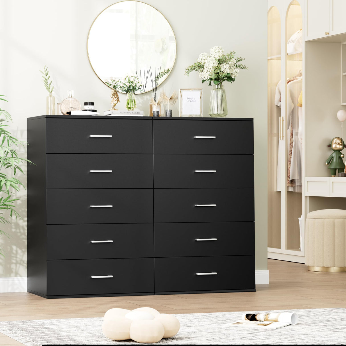 TTVIEW Tall Black Dresser, 5 Drawer Dressers with Large Capacity, Tall Dresser with Metal Handles, Chest of Drawers Cabinet Wood Dressers for Hallway Living Room TTVIEW