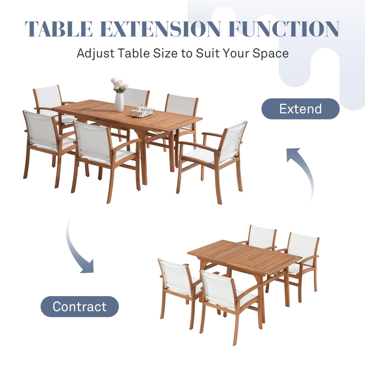 OC Orange-Casual Patio Furniture Set, Acacia Wood Patio Dining Set for 6-8, Outdoor Expandable Table and Chairs Set with Umbrella Hole and Breathable Textilene Fabric for Garden (White, 5 Pieces) OC Orange-Casual