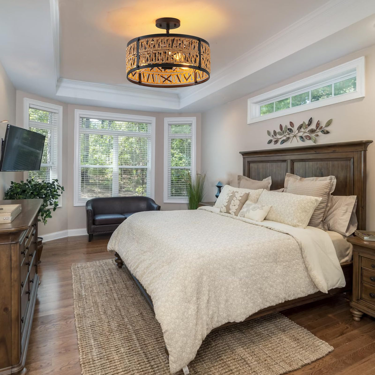 Bsyormak 3-Lights Rattan Boho Chandelier for Dining Room Drum Wicker Pendant Light Fixtures Hanging Woven Coastal Ceiling Light for Farmhouse Kitchen Island Living Room Bedroom Bsyormak