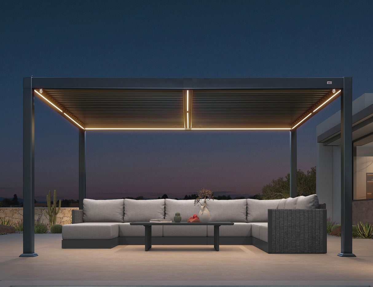 PURPLE LEAF Louvered Pergola 92KS 10' x 14' with Integrated LED Strip Lights Aluminum Outdoor Pergola with Adjustable Louvered Roof for Patio Deck Garden Yard Gray PURPLE LEAF